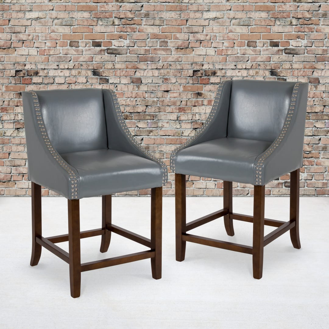 Carmel Series 24" High Transitional Walnut Counter Height Stool with Nail Trim in Light Gray LeatherSoft, Set of 2