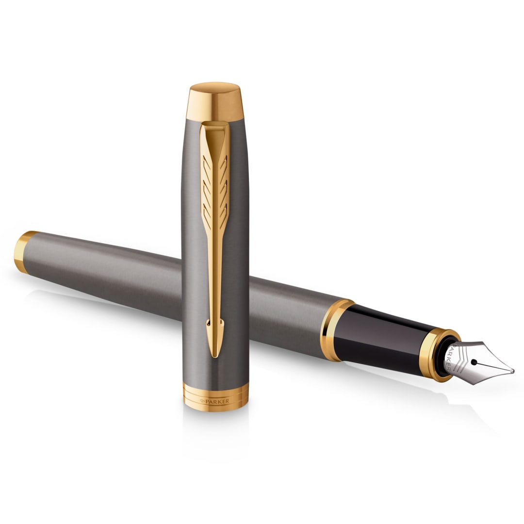 Parker IM Fountain Pen | Grey Lacquer with Gold Trims | Fine Polished Stainless Steel Nib | Blue Ink Cartridge Refill | Gift Box | Perfect Graduation Gifts