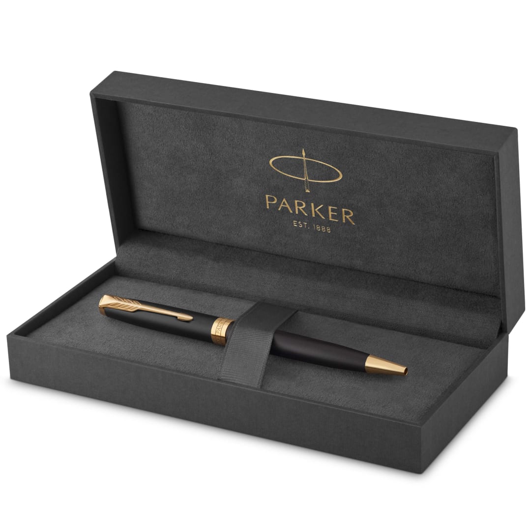 Parker Sonnet bolígrafo | lacado en negro mate con adorno dorado | punta media | en estuche de regalo