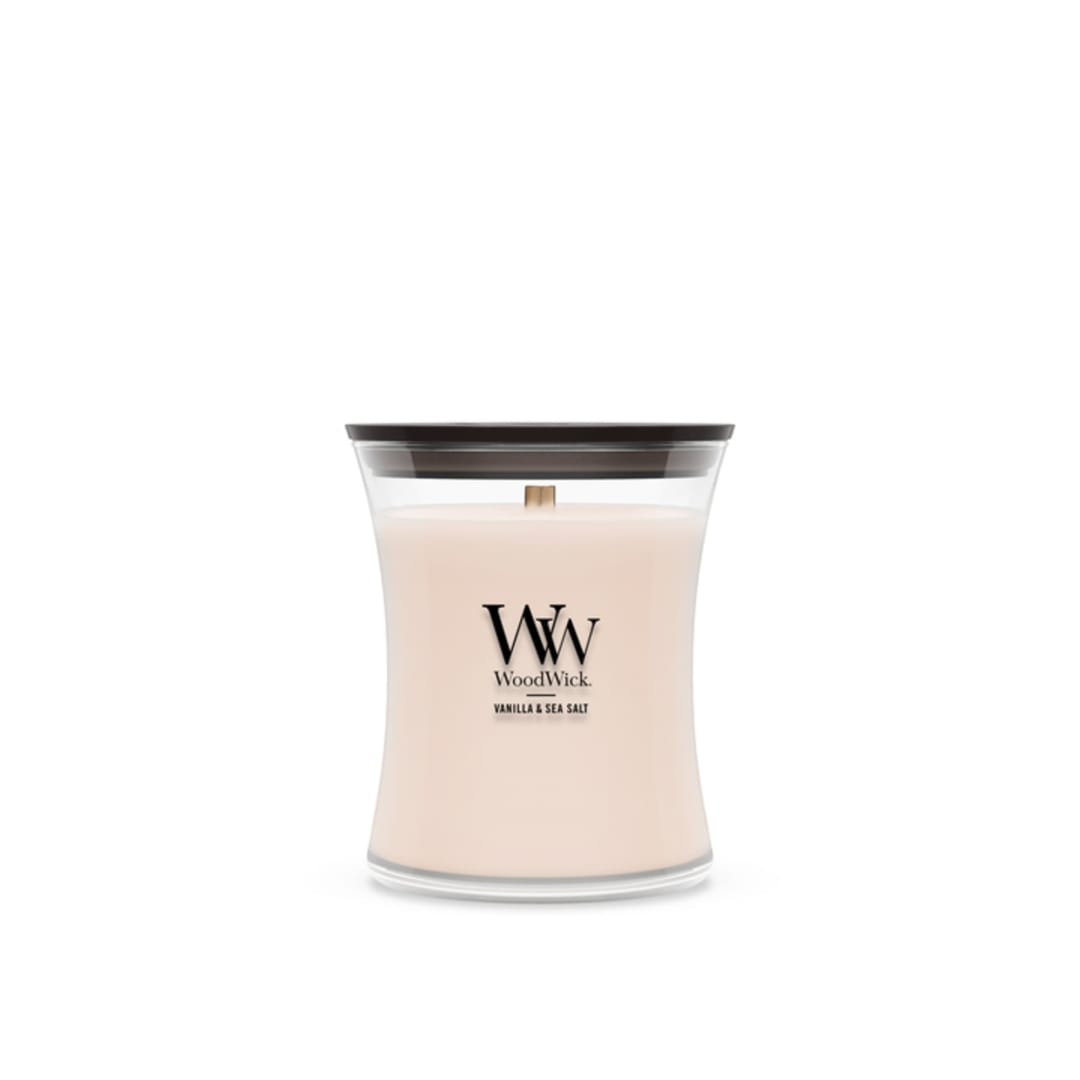 WoodWick® Vanilla Sea Salt Scented Medium Hourglass Candle, Crackles as it burns, Ideal for gifting or home décor, 9.7oz