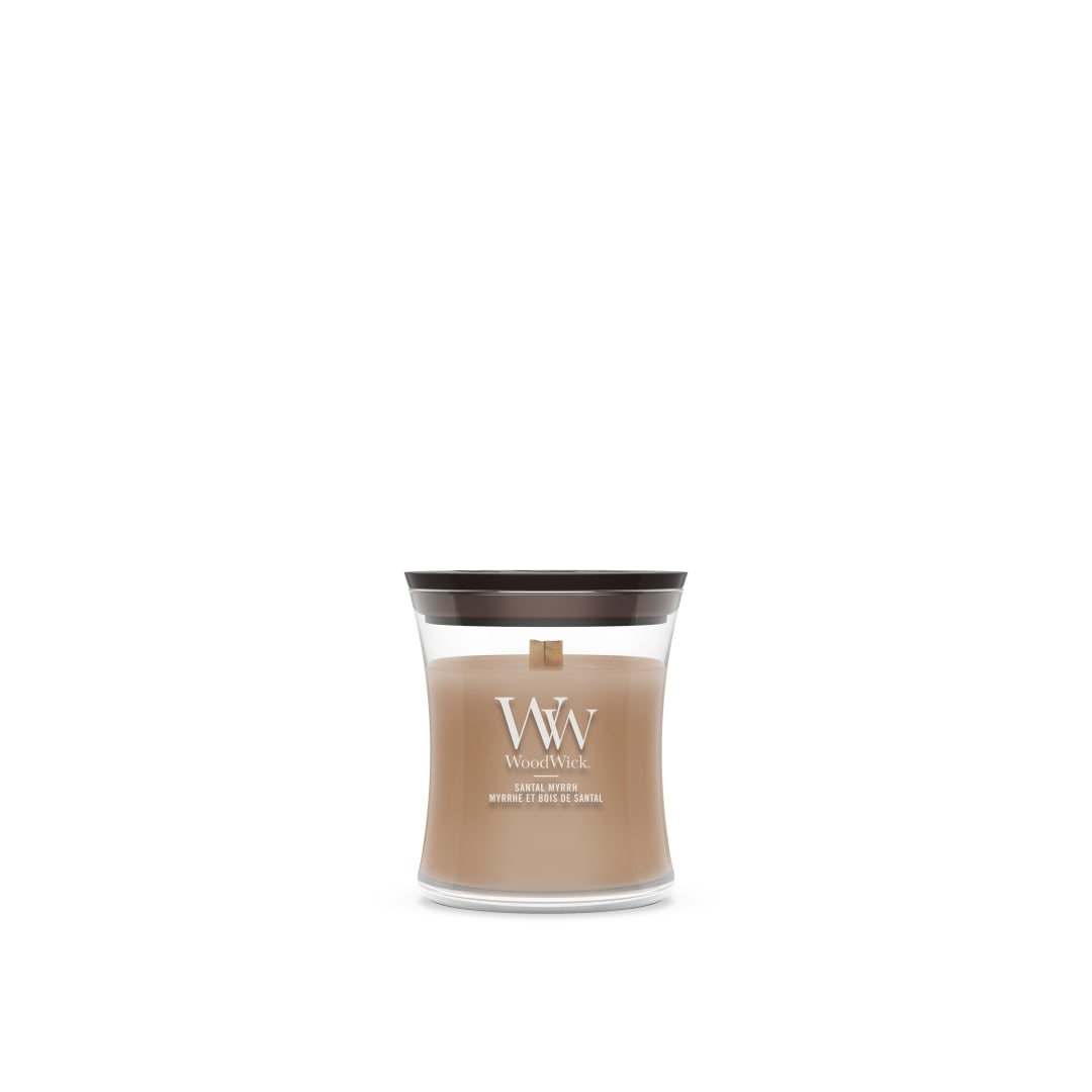 WoodWick Vela perfumada | Vela mini en forma de reloj de arena | Santal Myrrh | Regalos perfectos para mujeres