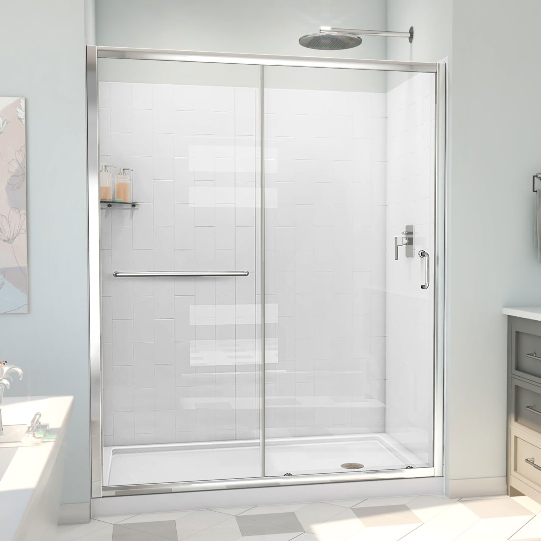 DreamLine Infinity-Z 30 inch D x 60 inch W x 78 3/4 inch H Semi-Frameless Sliding Shower Door in Chrome and Clear Glass, Right Drain Shower Base, and Wall Kit in White