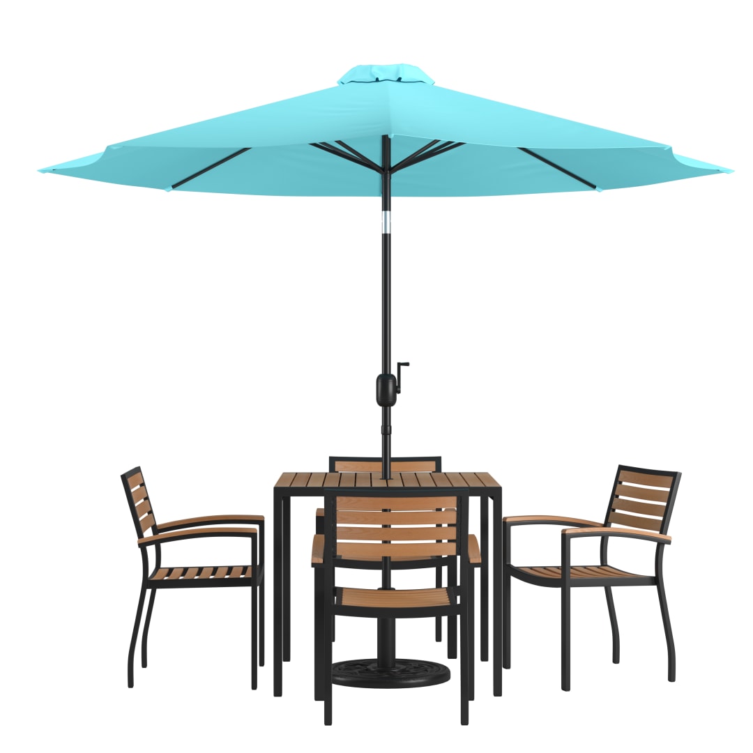 Lark 7 Piece Outdoor Patio Dining Table Set - 4 Synthetic Teak Stackable Chairs, 35" Square Table, Teal Umbrella & Base