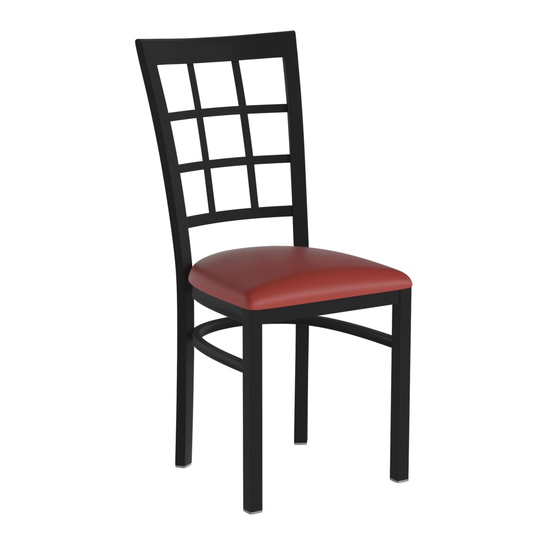 HERCULES Black Window Back Metal Restaurant Chair - Red Vinyl Seat
