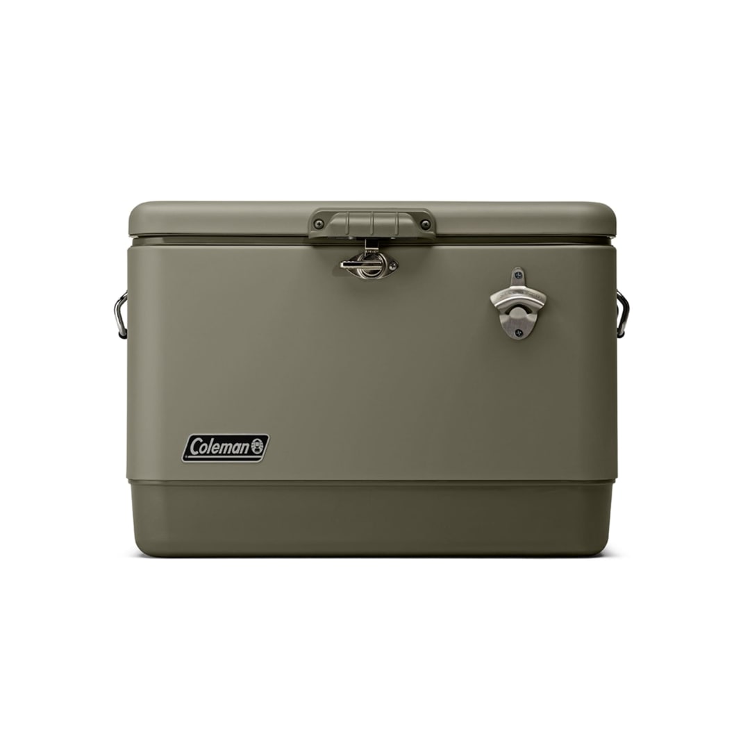 Coleman Reunion 54qt Premium Steel Belted Cooler, Portable Insulated Cooler with Latch, Handles, Drain & Bottle Opener, Great for Camping, Tailgating, Beach, Picnic, & More