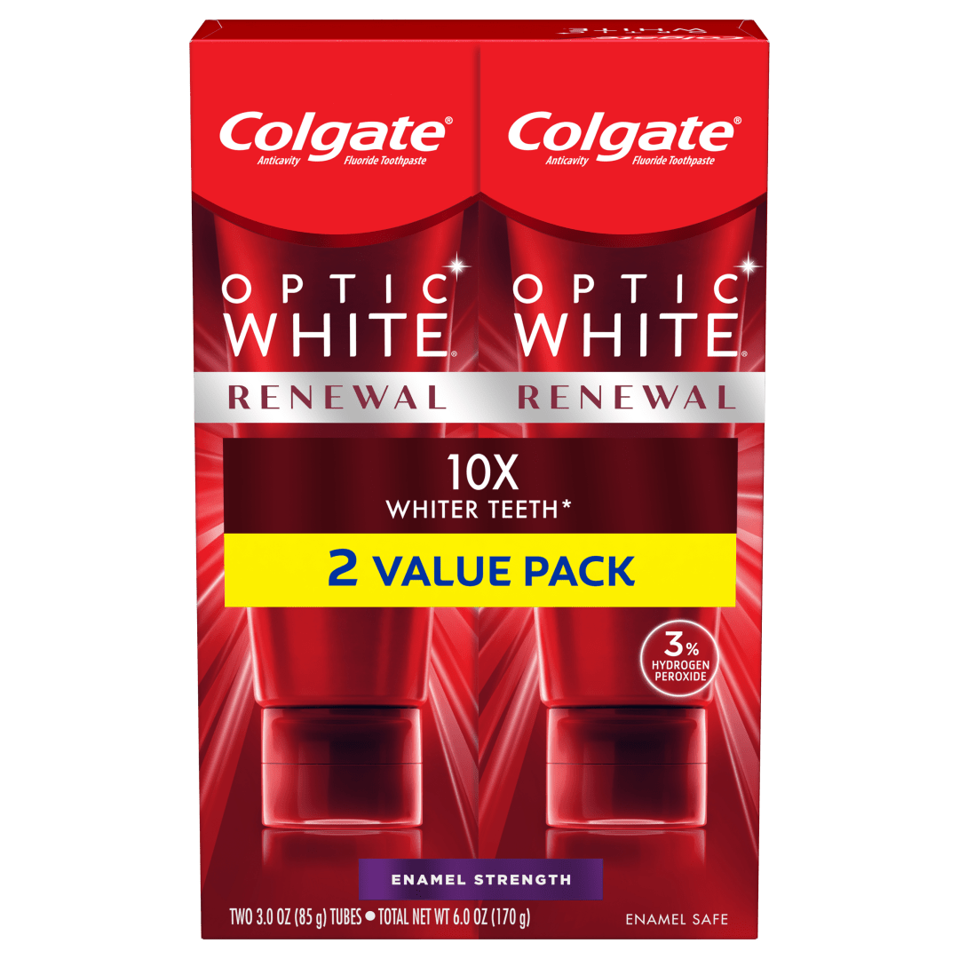 Colgate Optic White Renewal Teeth Whitening Toothpaste, Enamel Strength, 3 Oz, 2 Pack