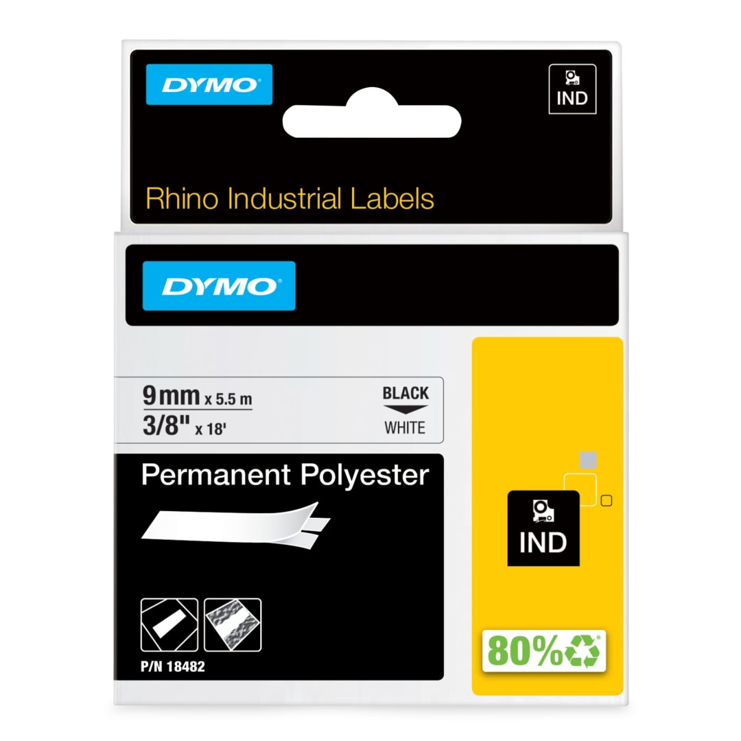 DYMO® Rhino Industrial Permanent Polyester Labels, 3/8", Black Print on White Tape