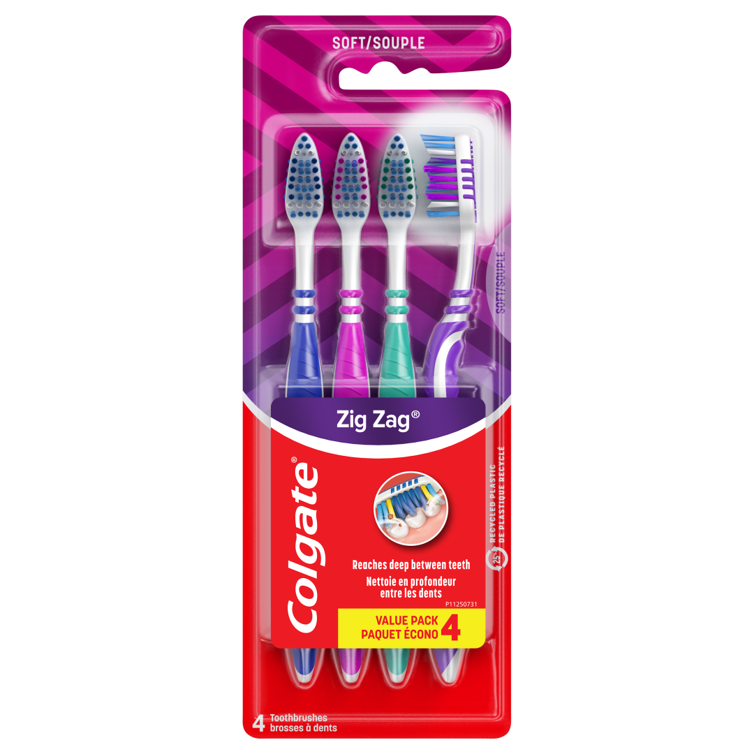 Colgate ZigZag Deep Clean Manual Toothbrush With Tongue and Cheek Cleaner, Soft, 4 Pack
