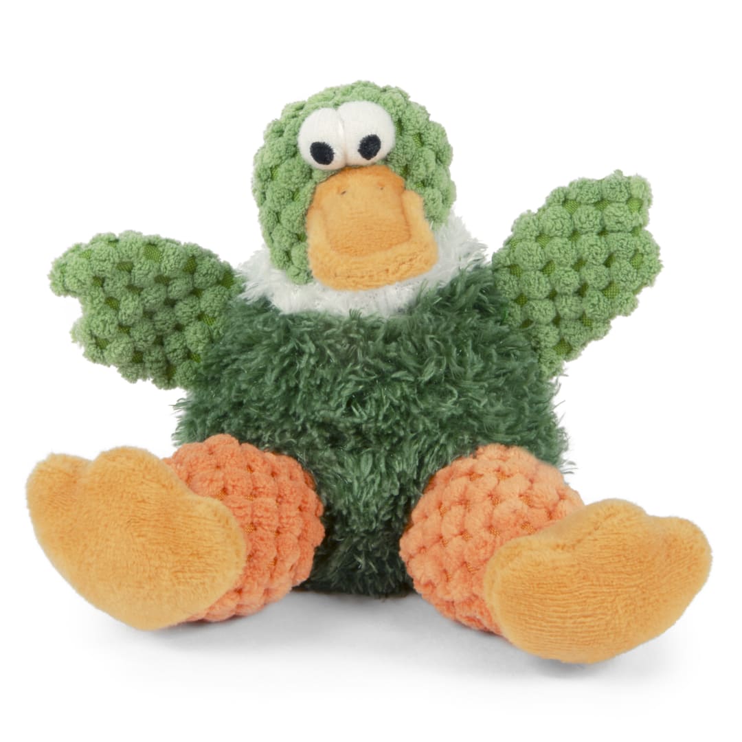 goDog Farm Friends Sitting Just For Me Duck Squeaky Dog Toy, Plush with Chew Guard Technology, Green, Mini