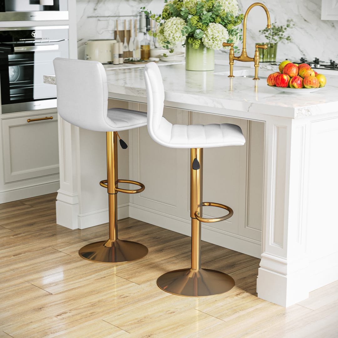 Vincent Modern White Vinyl Adjustable Bar Stool with Back, Counter Height Swivel Stool with Gold Pedestal Base, Set of 2
