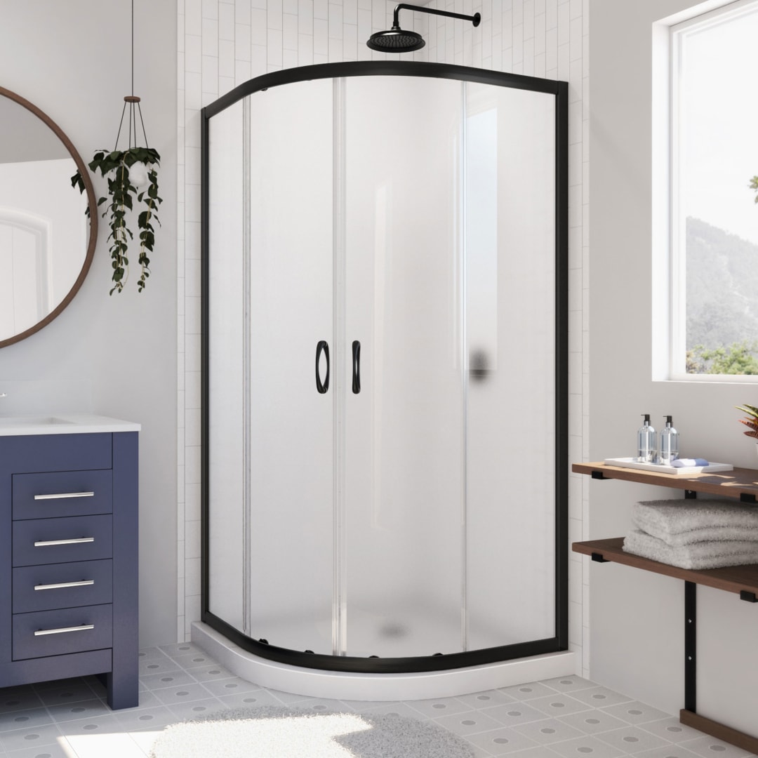DreamLine Prime 36 inch D x 36 inch W x 74 3/4 inch H Semi-Frameless Sliding Frosted Shower Enclosure in Matte Black with White Shower Base Kit