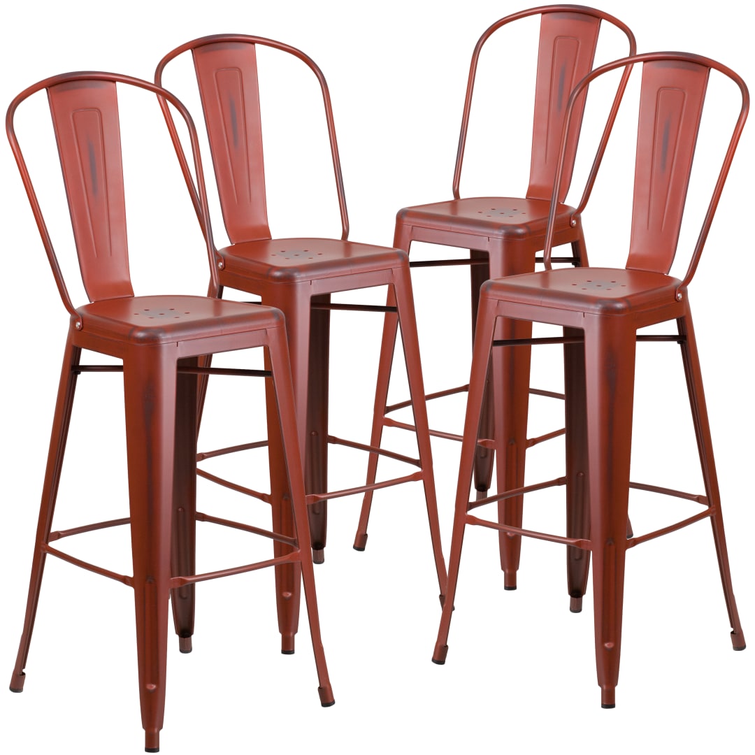 Blake Commercial Grade 4 Pack 30" High Distressed Kelly Red Metal Indoor-Outdoor Barstool with Back