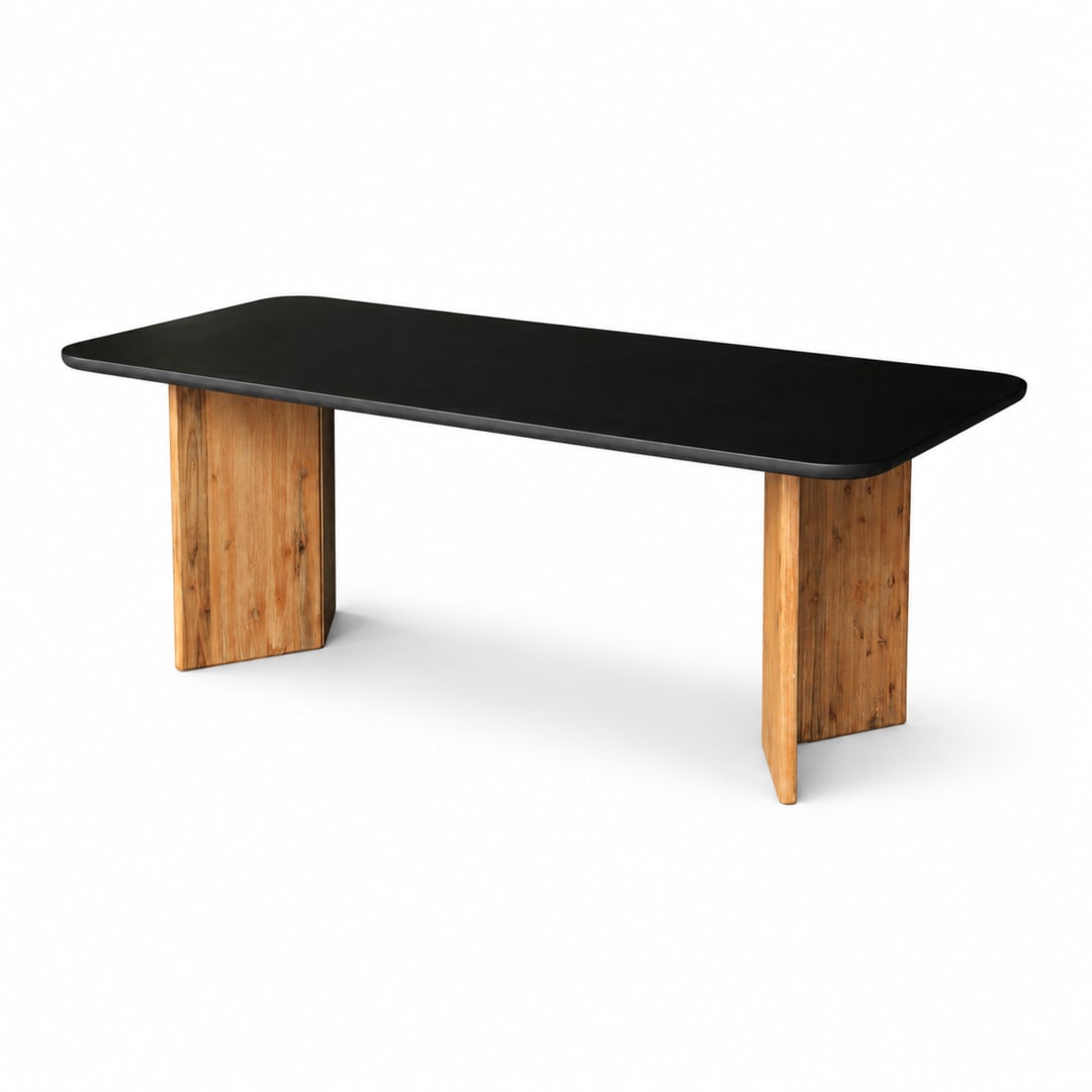 Modern Indoor/Outdoor Matte Black 86.6" Rectangular Poly-Fiber Dining Table with Acacia Wood Legs
