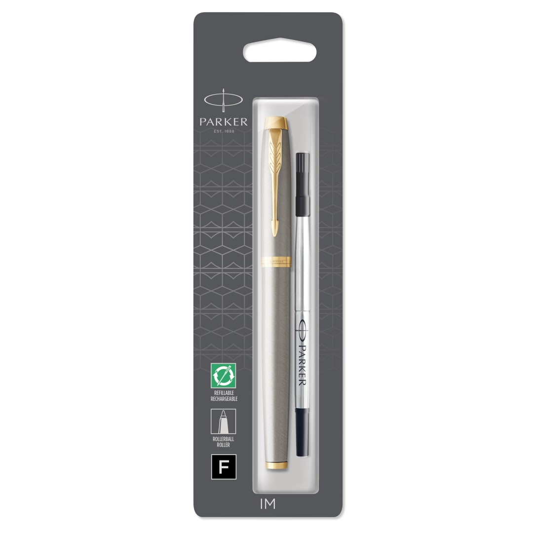 Parker IM Rollerball Pen, Brushed Metal with Gold Trim, Fine Point, Black Ink, Blister Pack
