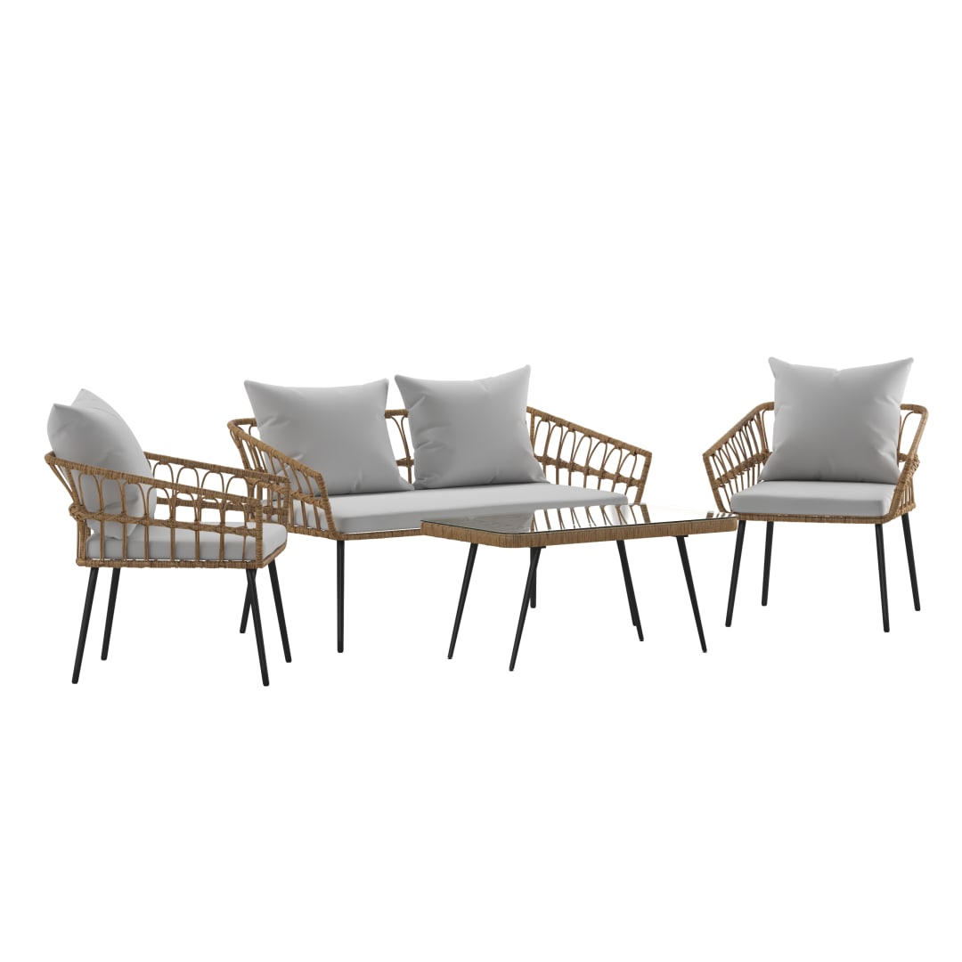 Evin Boho 4 Piece Indoor/Outdoor Rope Rattan Patio Conversation Set with Tempered Glass Top Coffee Table and Gray Cushions, Natural