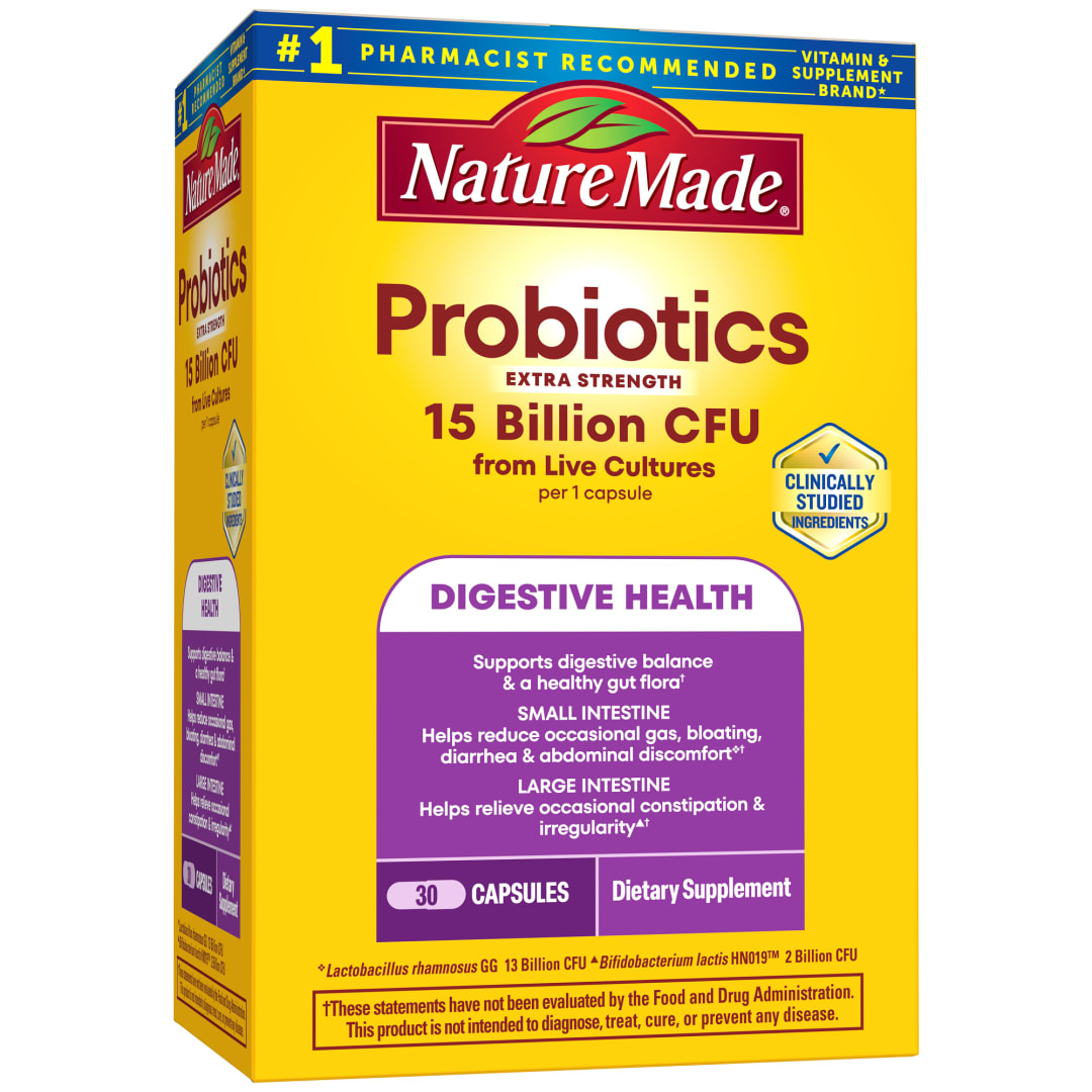 Nature Made Probiotics for Digestive Health Extra Strength 15 Billion CFU from Live Cultures, Probiotics for Women and Men, 30 Probiotic Capsules, 30 Day Supply