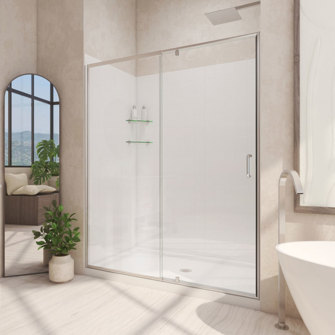 DreamLine Flex 36 inch D x 48 inch W x 78 3/4 inch H Semi-Frameless Pivot Shower Door in Brushed Nickel, Shower Base, and Wall Kit in White