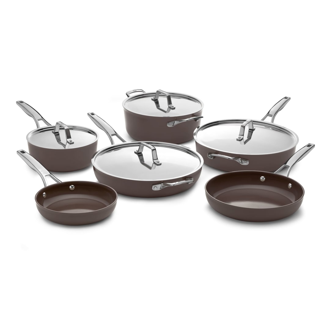 Calphalon Premier Ceramic Nonstick 10 Piece Cookware Set, Durable Pots and Pans for Everyday Cooking, Long Lasting PFAS-Free Kitchen Set, Dishwasher Safe, Fond