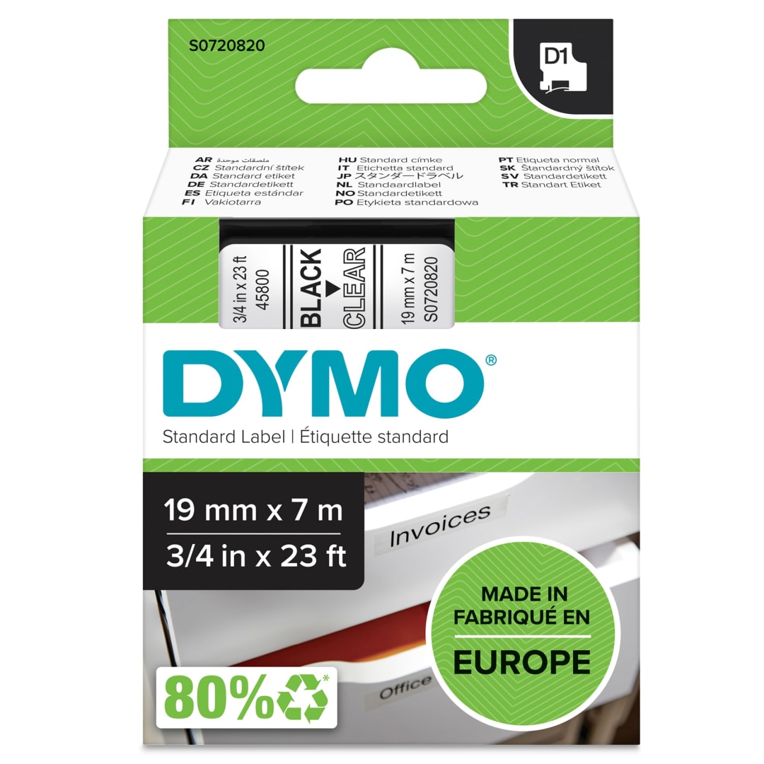 DYMO® Authentic D1 Labels, Black Print on Clear Tape, 19 mm x 7 m, Self-Adhesive Labels for LabelManager Label Makers, Made in Europe