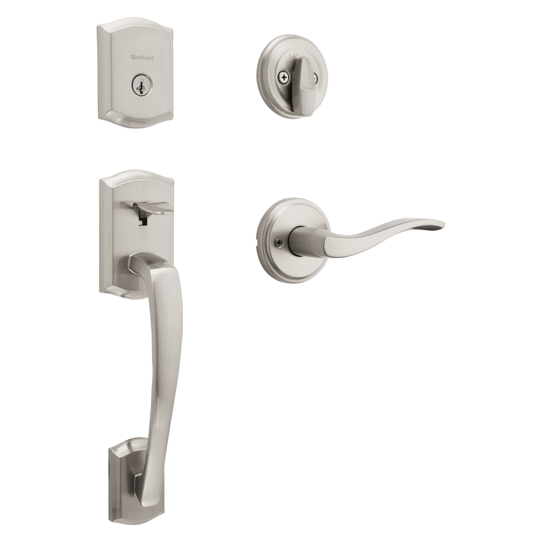 Prescott Single Cylinder Handleset w/ Sedona Lever featuring SmartKey Security™ in Satin Nickel