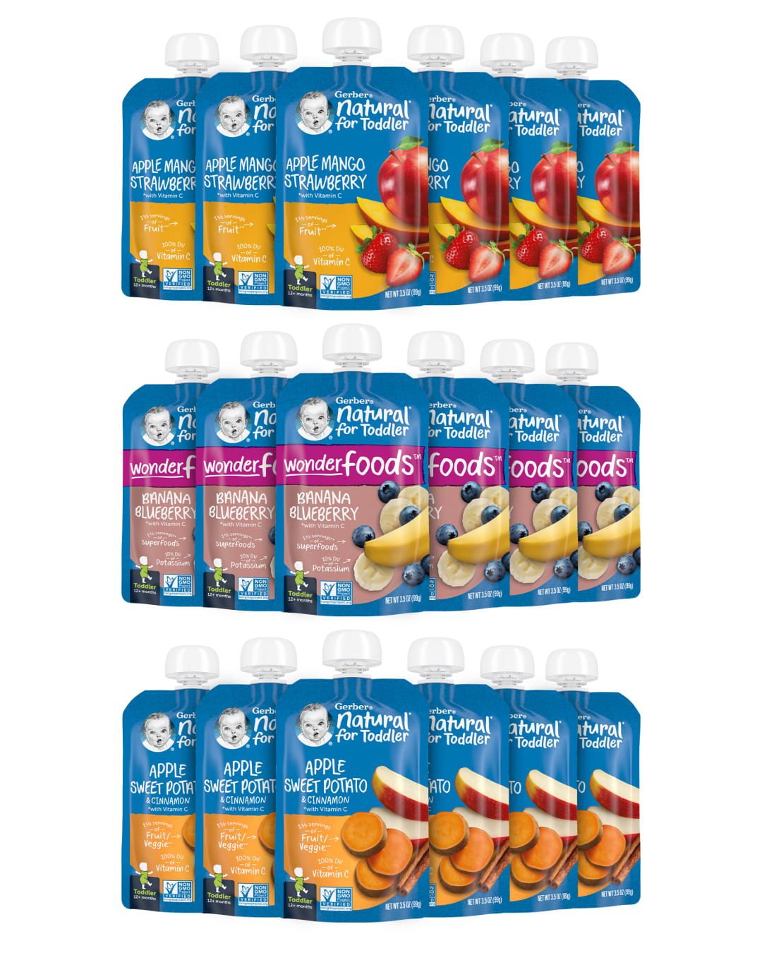 Gerber Stage 2 Baby Food, Apple Sweet Potato Cinnamon, Apple Mango Strawberry, and Banana Blueberry Puree Pouches, 18-Pack