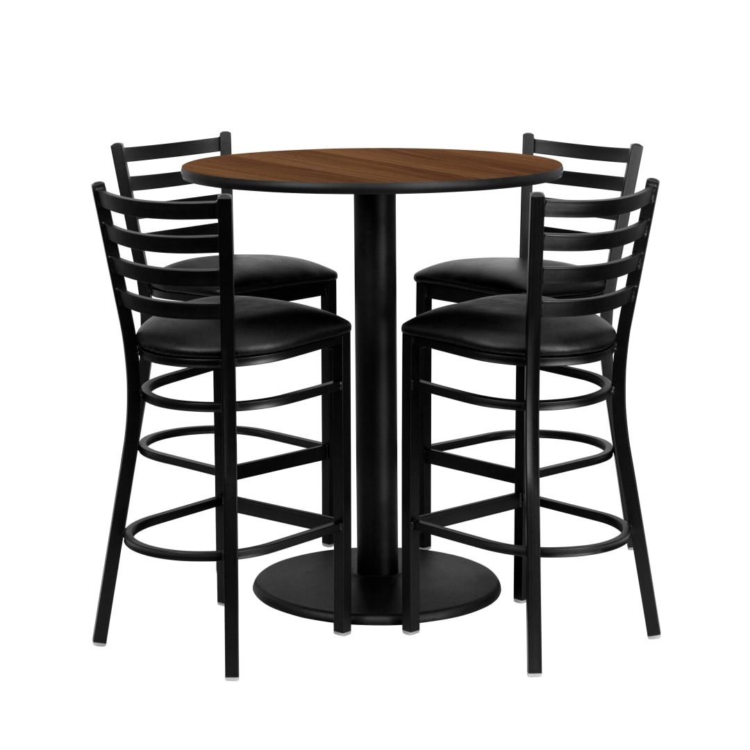 Clark 36'' Round Walnut Laminate Table Set with 4 Ladder Back Metal Barstools - Black Vinyl Seat