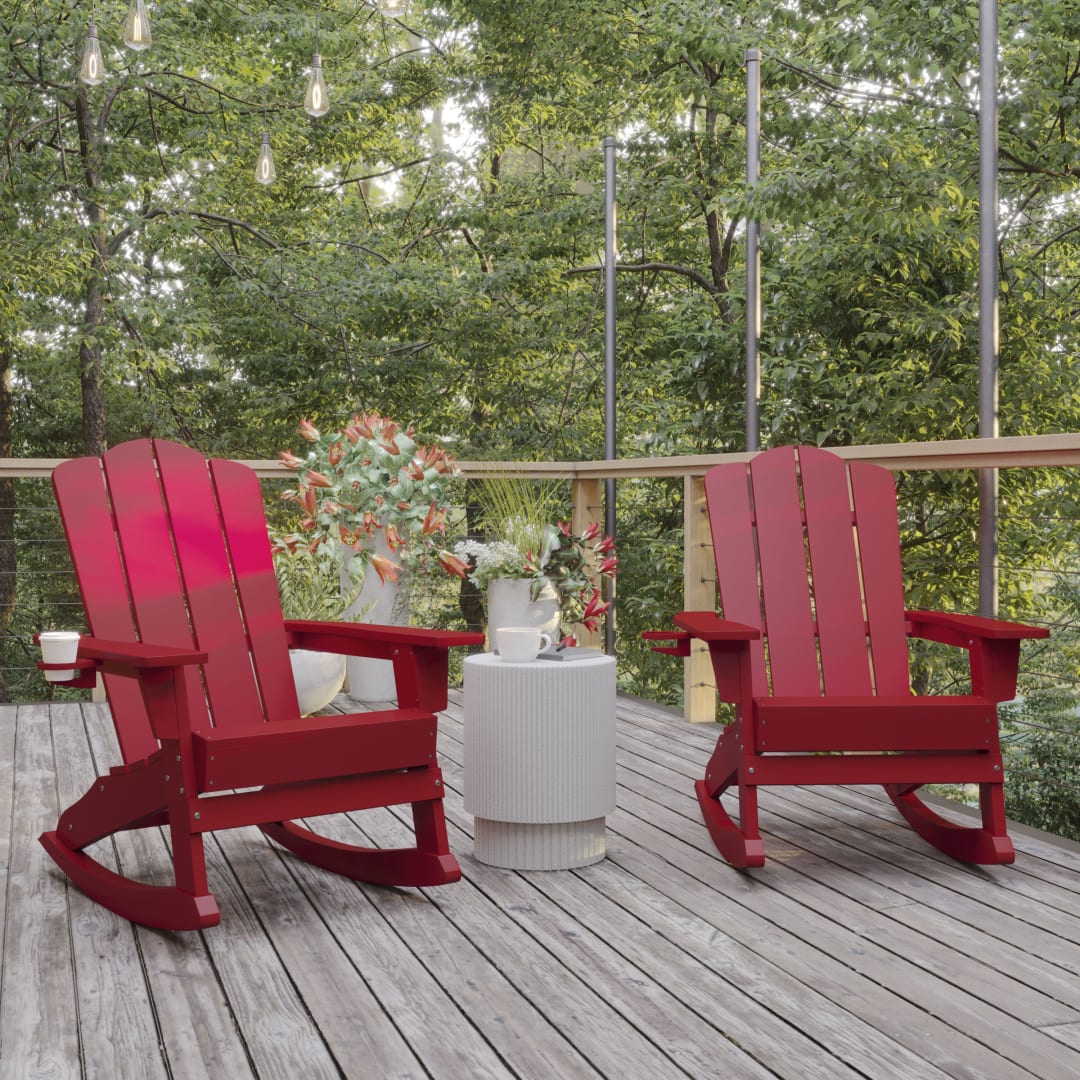 Newport Adirondack Rocking Chair with Cup Holder, Weather Resistant HDPE Adirondack Rocking Chair in Red, Set of 2
