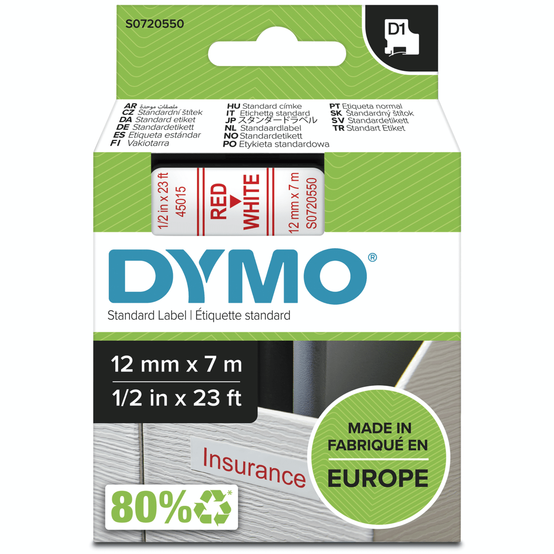 DYMO® Authentic D1 Labels, Red Print on White Tape, 12 mm x 7 m, Self-Adhesive Labels for LabelManager Label Makers, Made in Europe