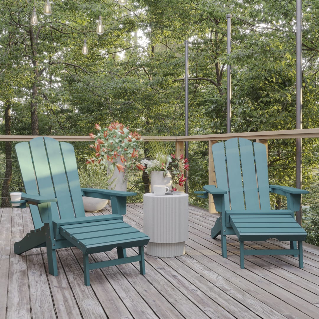 Newport HDPE Adirondack Chair with Cup Holder and Pull Out Ottoman, All-Weather HDPE Indoor/Outdoor Lounge Chair in Blue, Set of 2
