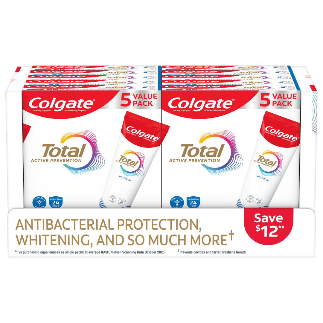 Colgate Total Active Prevention Plus Whitening Toothpaste, Mint, 5 Pack, 6.0 oz