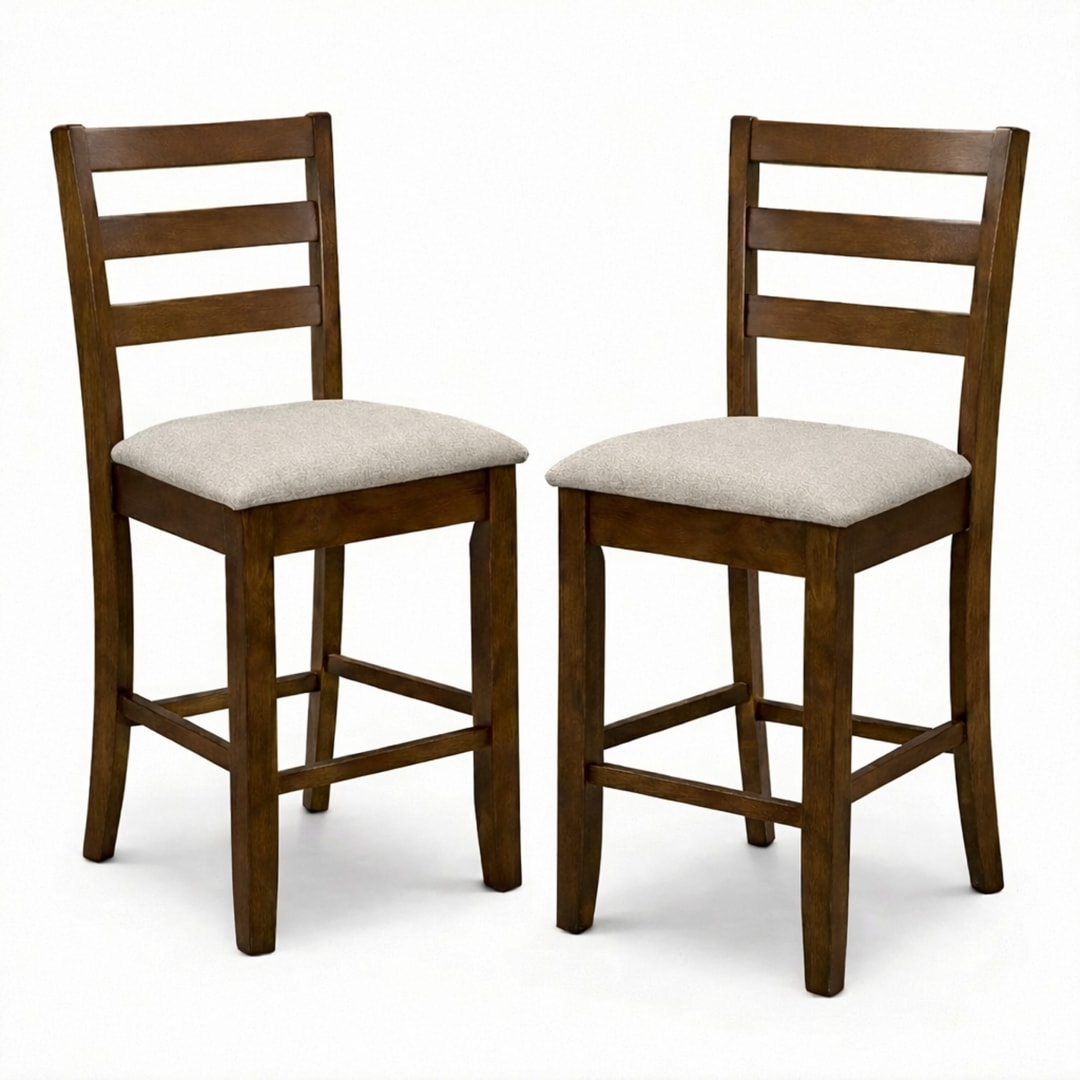 Modern Counter Height Bar Stools, Set of 2, Dirty Oak Finish with Greige Polyester Upholstered Seats Solid Rubberwood