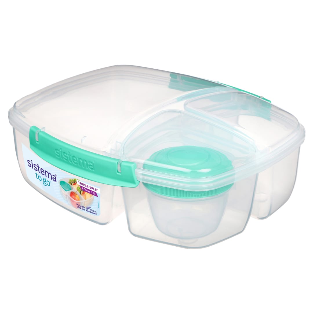 Sistema To Go fiambrera de tres compartimentos con tarrina para yogur | Recipiente hermético y apilable de 2 l para guardar alimentos | Sin BPA | Verde menta azulado