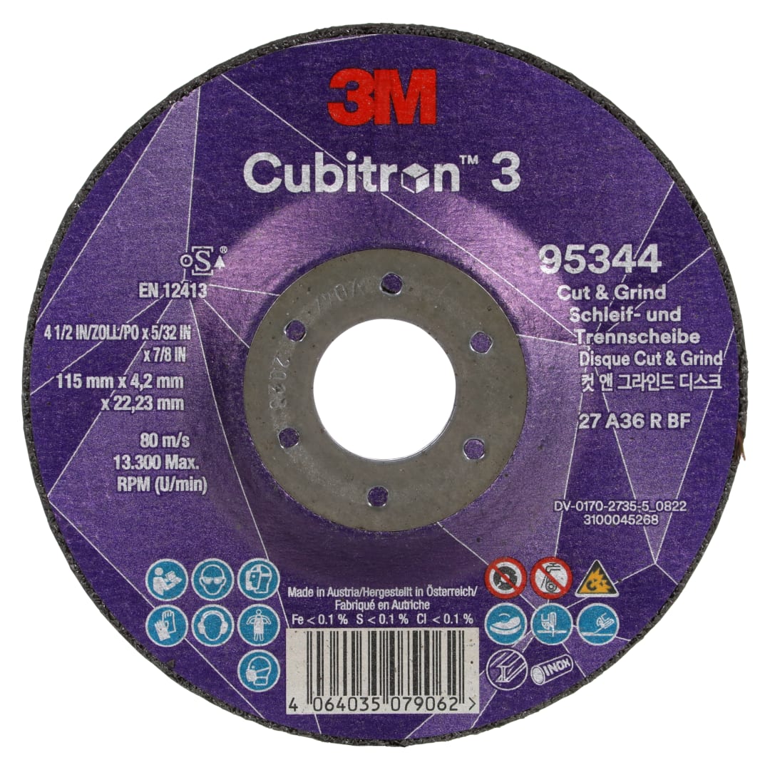 3M™ Cubitron™ 3 Kesme ve Taşlama Taşı, 95344, 36+, T27, 115 mm x 4,2 mm x 22,23 mm, EN, 10/Paket, 20 adet/Kutu