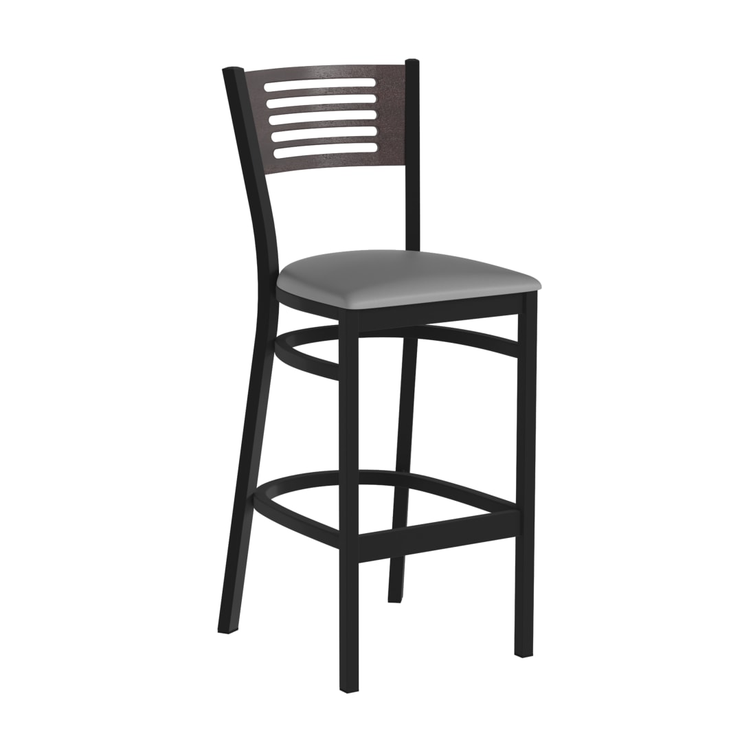 HERCULES Black Slat Back Metal Restaurant Barstool - Walnut Wood Back, Gray Vinyl Seat