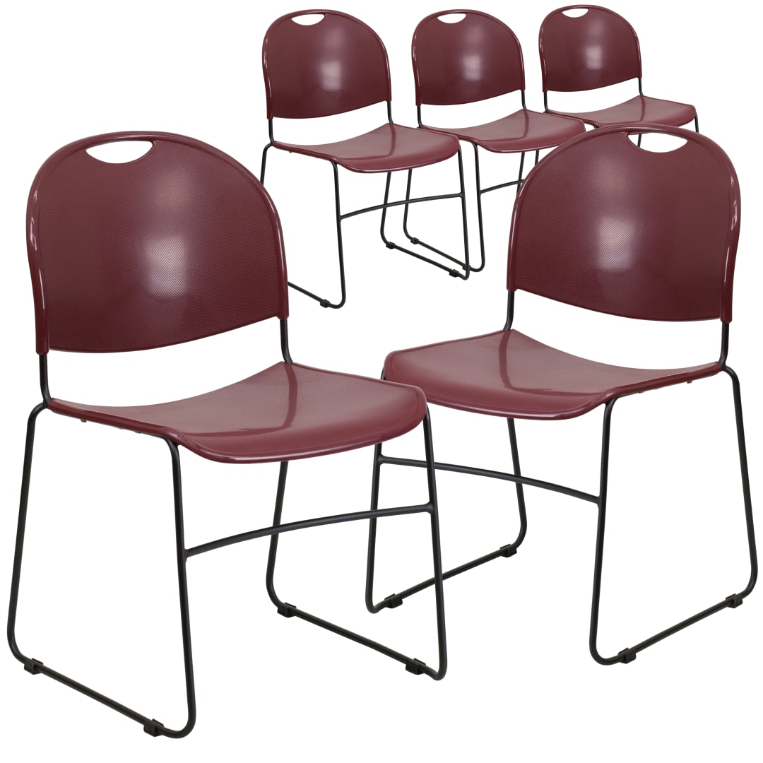 5 Pack HERCULES Series 880 lb. Capacity Burgundy Ultra-Compact Stack Chair with Black Powder Coated Frame