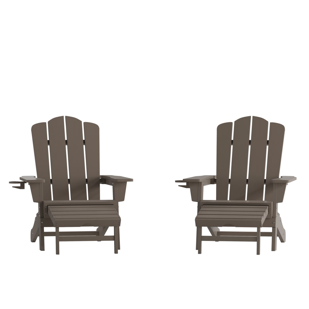 Newport HDPE Adirondack Chair with Cup Holder and Pull Out Ottoman, All-Weather HDPE Indoor/Outdoor Lounge Chair in Brown, Set of 2