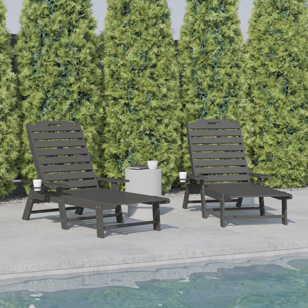 Monterey Set of 2 Adjustable Adirondack Loungers with Cup Holders- All-Weather Indoor/Outdoor HDPE Lounge Chairs in Gray
