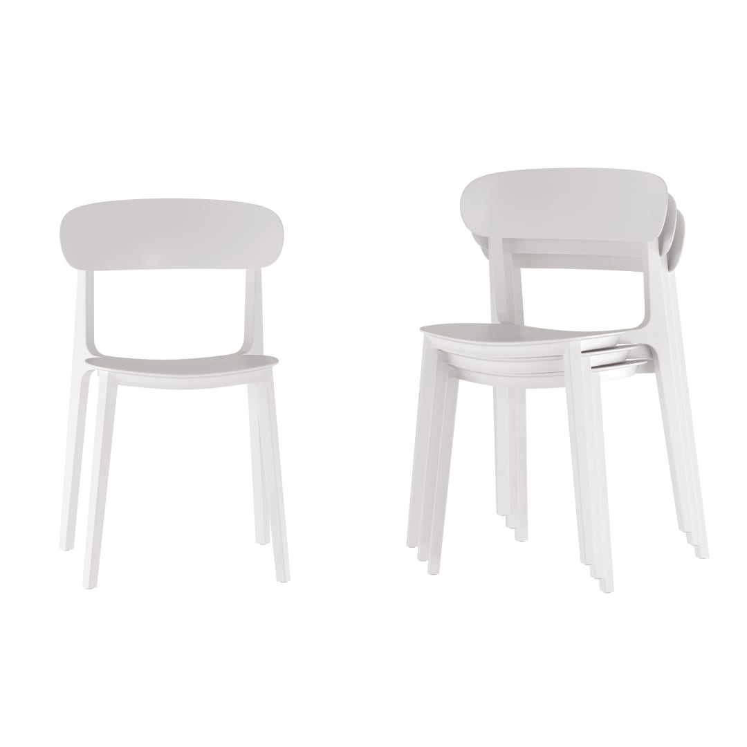 Dover Set of 4 Indoor-Outdoor Stacking Patio Chairs with Curved Backrests, Commercial All-Weather Resin Chairs in White