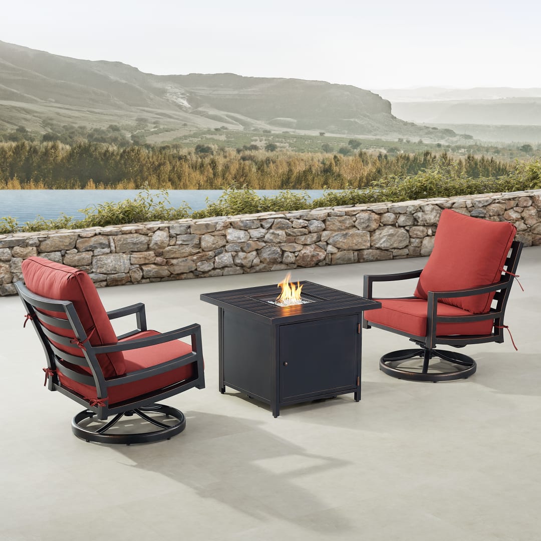 Black Aluminum Patio Fire Table Bistro Set with Two Club Chairs