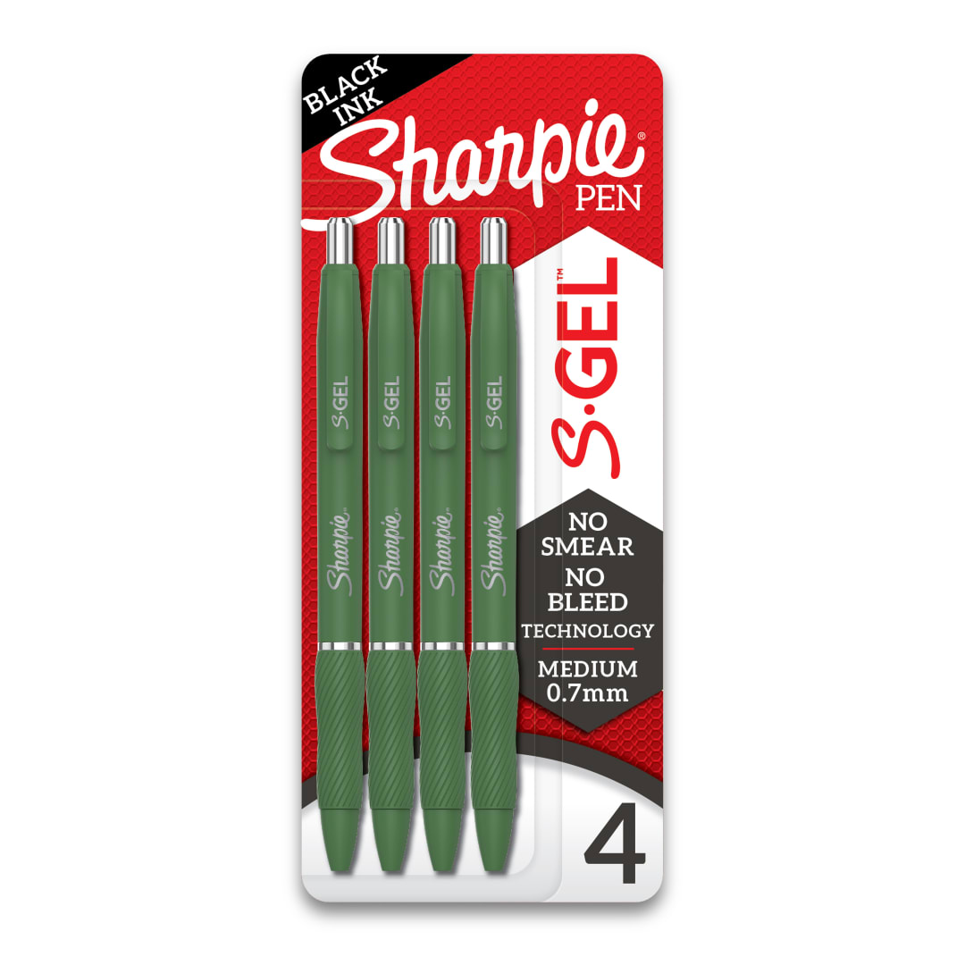 Sharpie® S-Gel, Gel Pens, Medium Point (0.7mm), Green Barrel, Black Ink, 4 Count