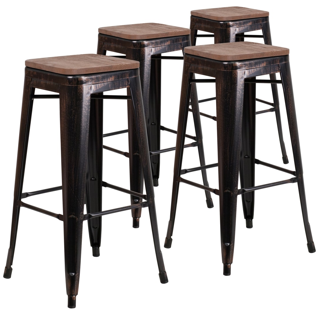 Lily 4 Pack 30" High Backless Black-Antique Gold Metal Barstool with Square Wood Seat