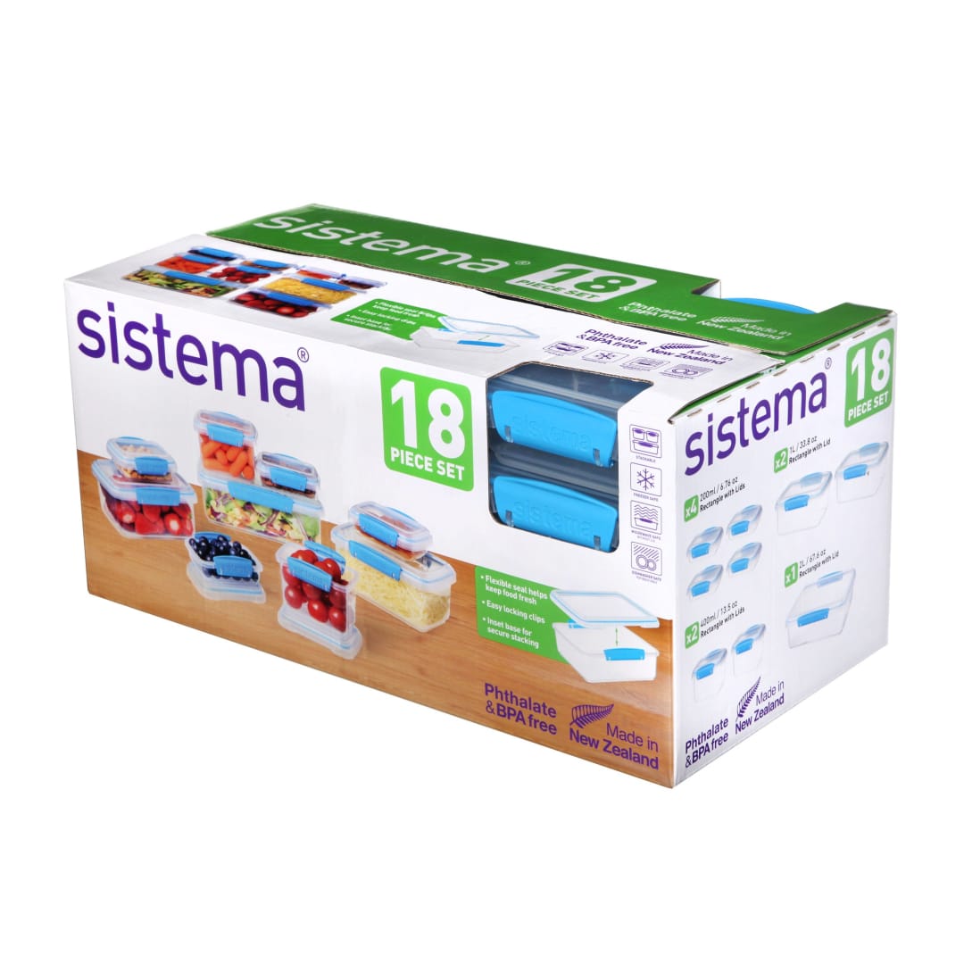 Sistema® KLIP IT Accents Collection, Juego de Piezas Surtido, Recipientes para Alimentos, Set de 18, Transparente y Azul