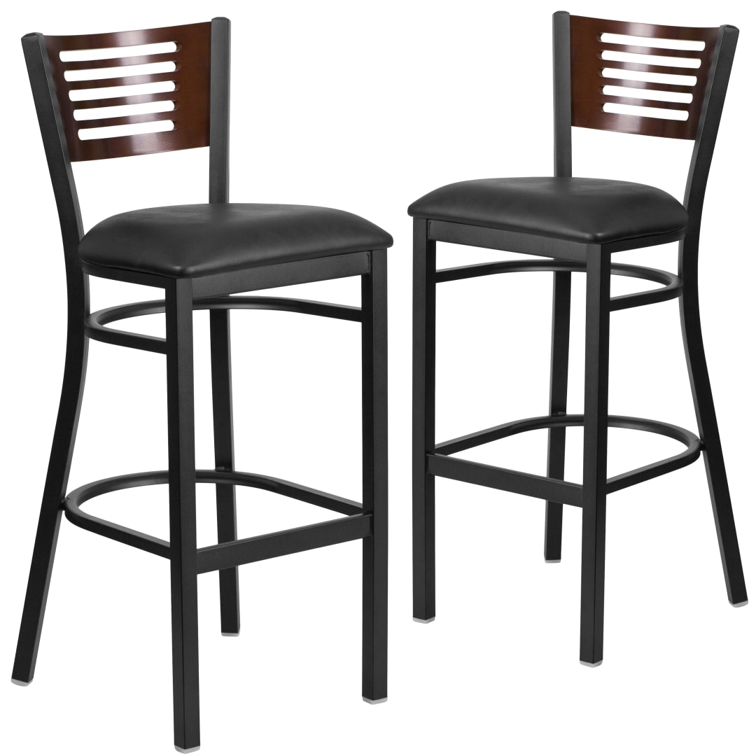 2 Pk. HERCULES Series Black Slat Back Metal Restaurant Barstool - Walnut Wood Back, Black Vinyl Seat
