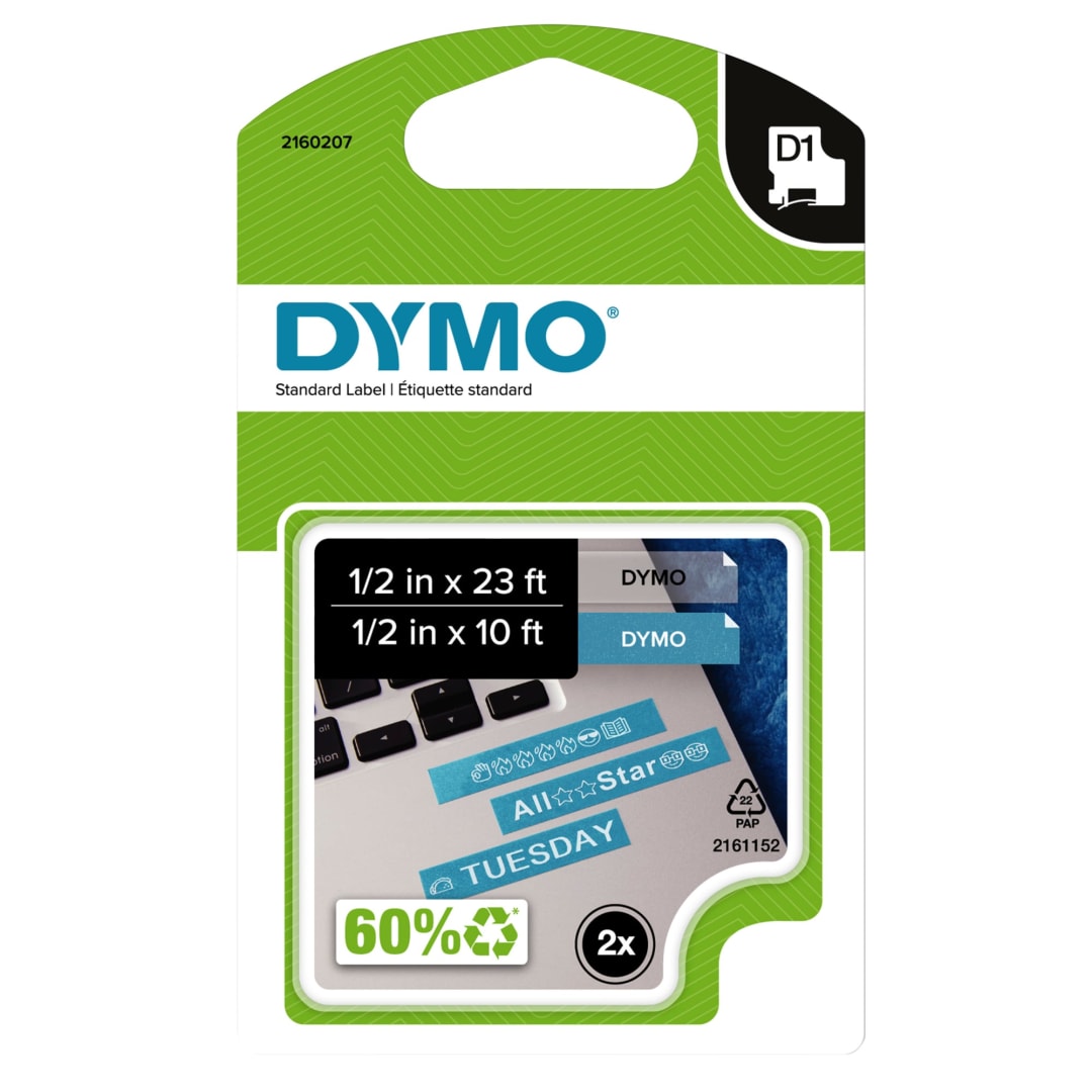 DYMO® D1 Label Combo Pack, Label tapes include 1/2" x 10' D1 COLORPOP (White Print on Blue Glitter) and 1/2" x 23' D1 (Black Print on Clear)
