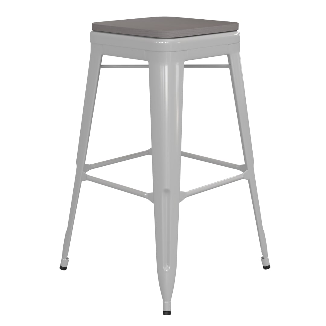 Kai Commercial Grade 30" High Backless White Metal Indoor-Outdoor Barstool with Gray Poly Resin Wood Seat