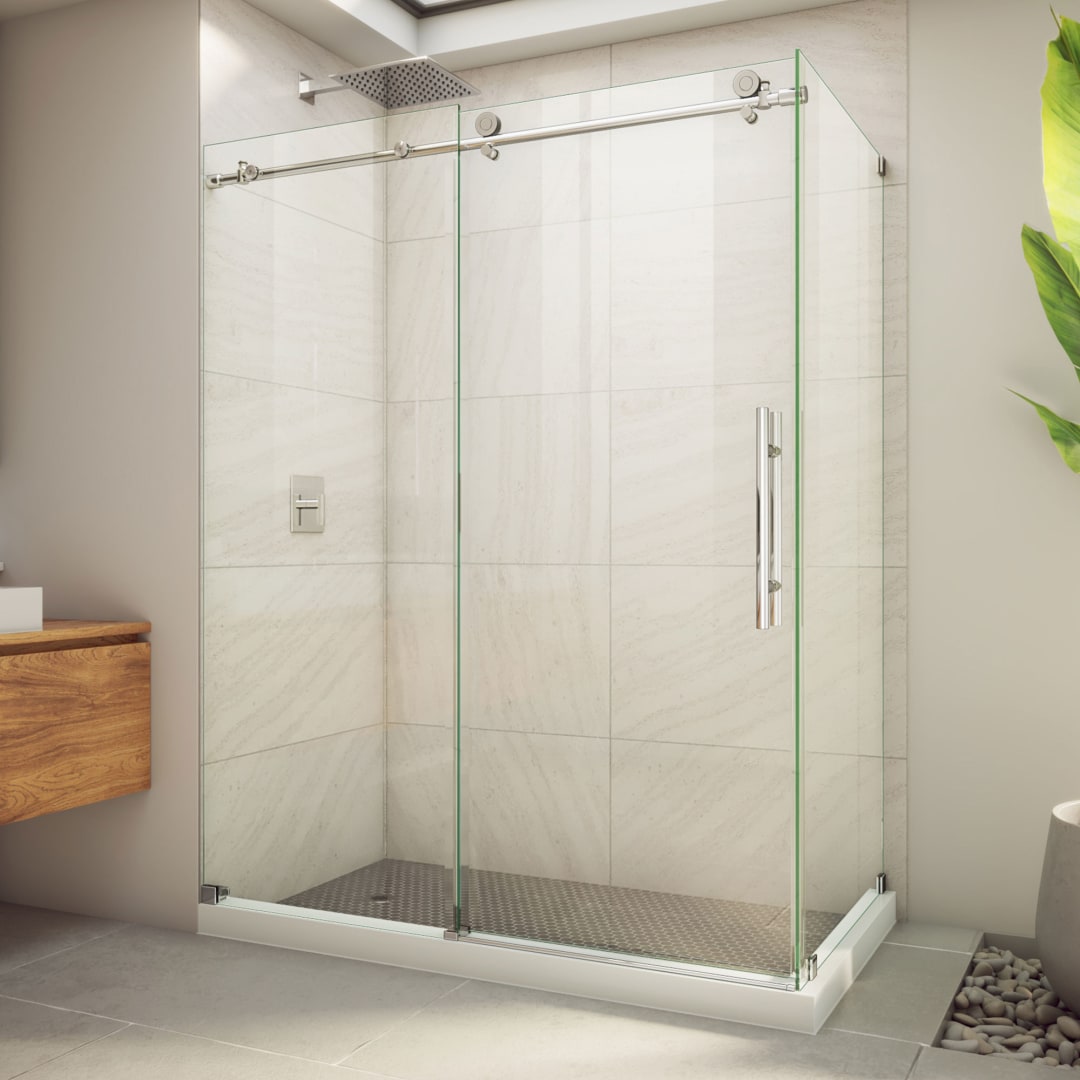 DreamLine Enigma-X 32 1/2 inch D x 60 3/8 inch W x 76 inch H Frameless Sliding Shower Enclosure in Polished Stainless Steel
