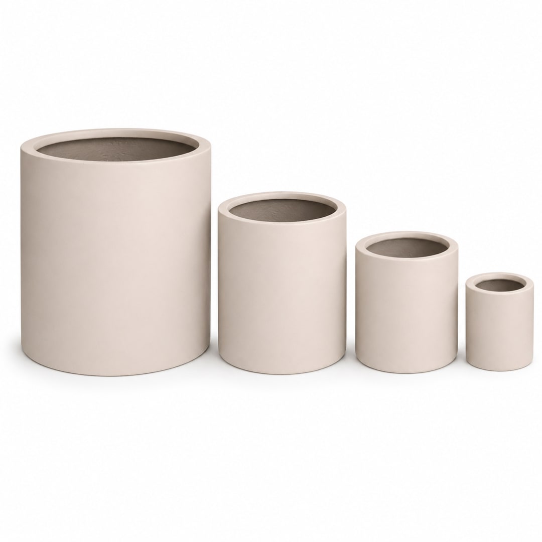 Set of 4 Round Cylinder Polystone Indoor/Outdoor Planters, Sand