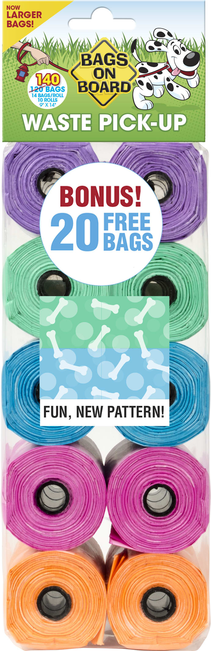 Bags On Board Dog Poop Bags | Strong, Leak Proof Dog Waste Bags | 9 x14 Inches, 140 Patterned Bags