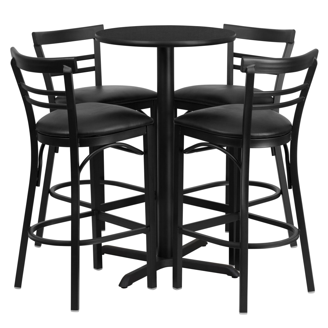 Carlton 24'' Round Black Laminate Table Set with X-Base and 4 Two-Slat Ladder Back Metal Barstools - Black Vinyl Seat