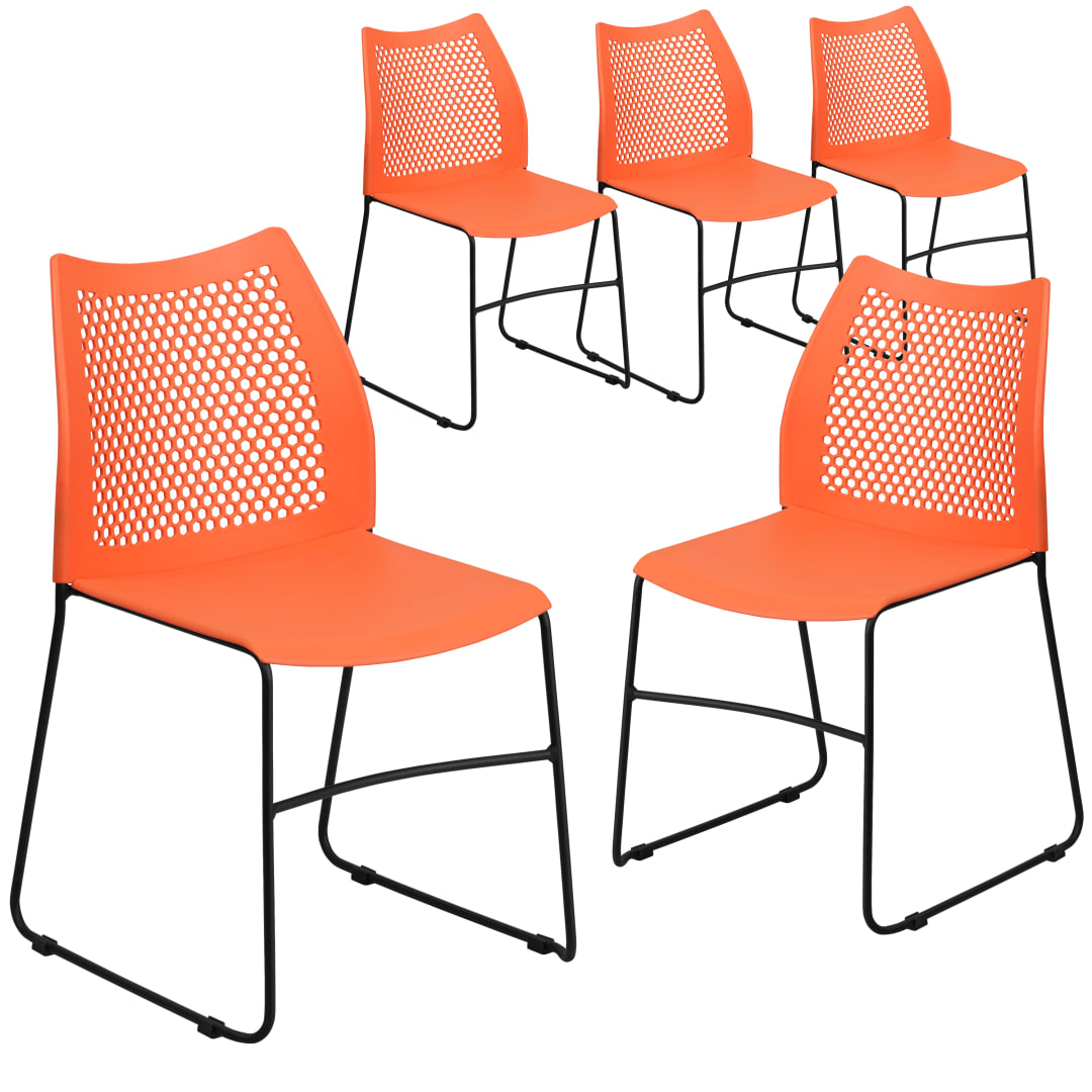5 Pack HERCULES Series 661 lb. Capacity Orange Stack Chair with Air-Vent Back and Black Powder Coated Sled Base